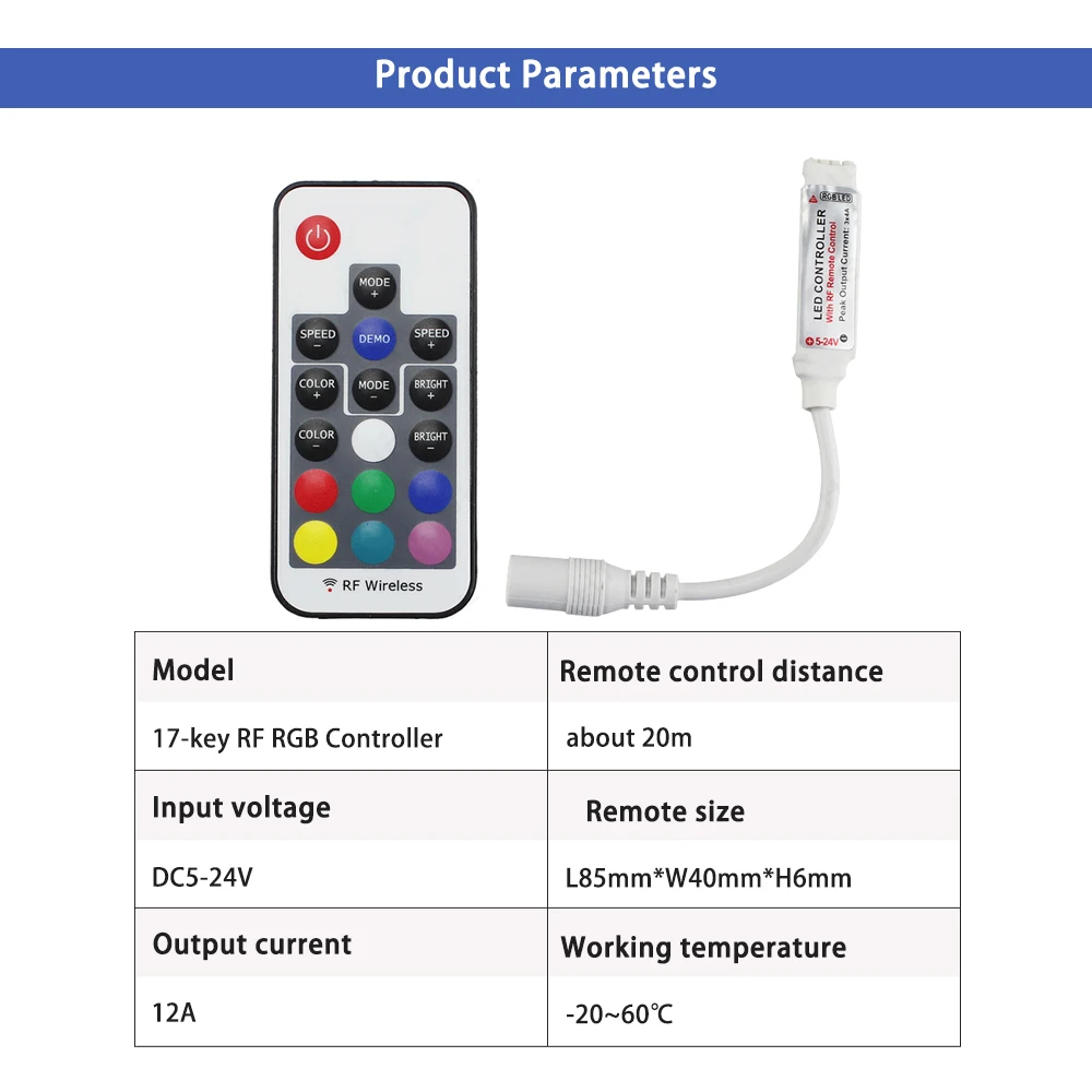 RGB LED Light Strip Controller RF Wireless Remote Control 5050 Multicolor Light Bar Module Switch Dimmer for Home Decor