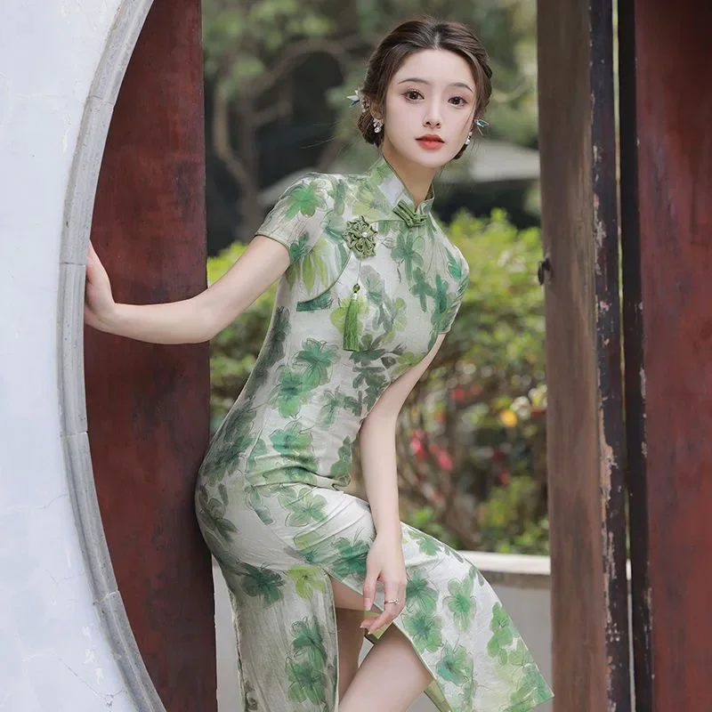 Traditional Sexy Qipao Modern Romantic Green Printed Cheongsam Summer 2023 Young Improved Elegant Woman Chinese Dresses