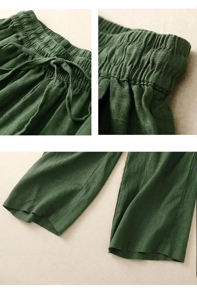 Cotton LinenCasual Solid Lace Up Elastic High Waist Loose Wide Leg Women's Pants Ankle-Length Pants For Women Clothing Fashion