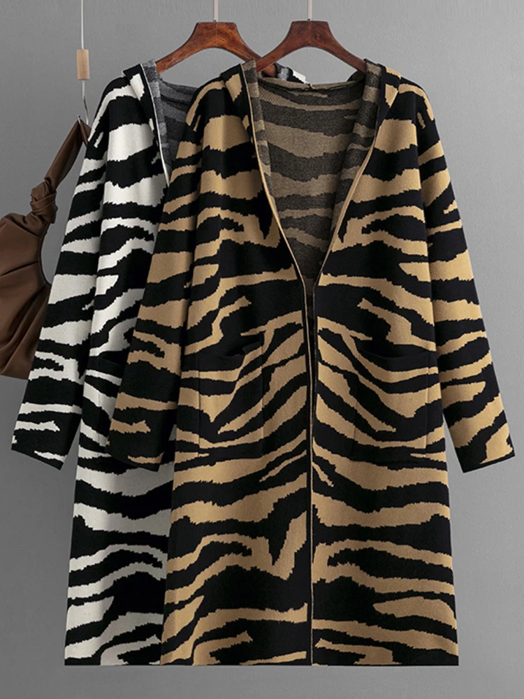 

Long Knitted Cardigan Women Vintage Zebra Striped Sweater Female Autumn Winter Hooded Cardigans Lady Casual Zipper Knitwear Coat