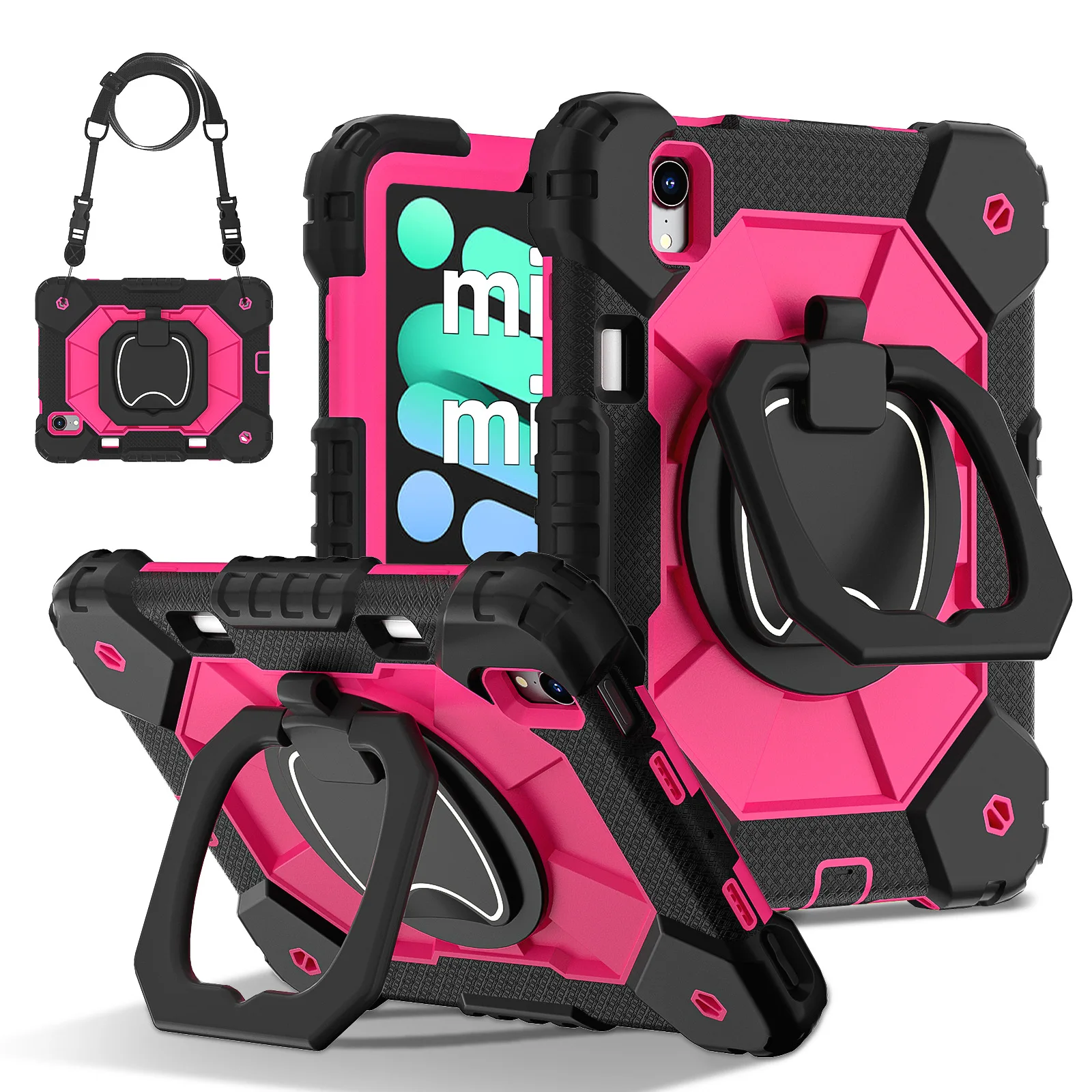

For iPad Mini 7 2024 Case Silicone Heavy-duty Protection Shockproof 360 Rotating Strap Handle Bracket Tablet Case