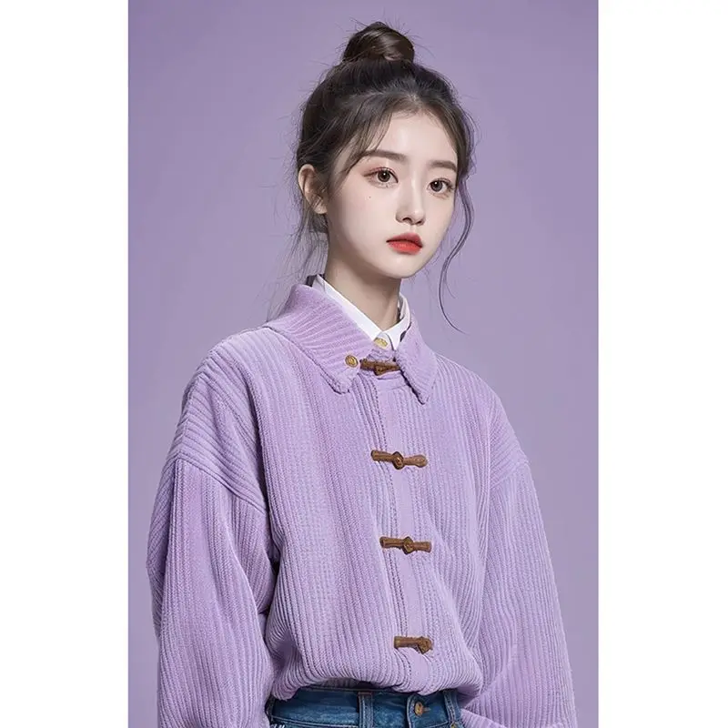 New Chinese Style Women\'s Light Chinese Style Small Shirt Improved Tang Style Top Niche Purple Button Up Shirt