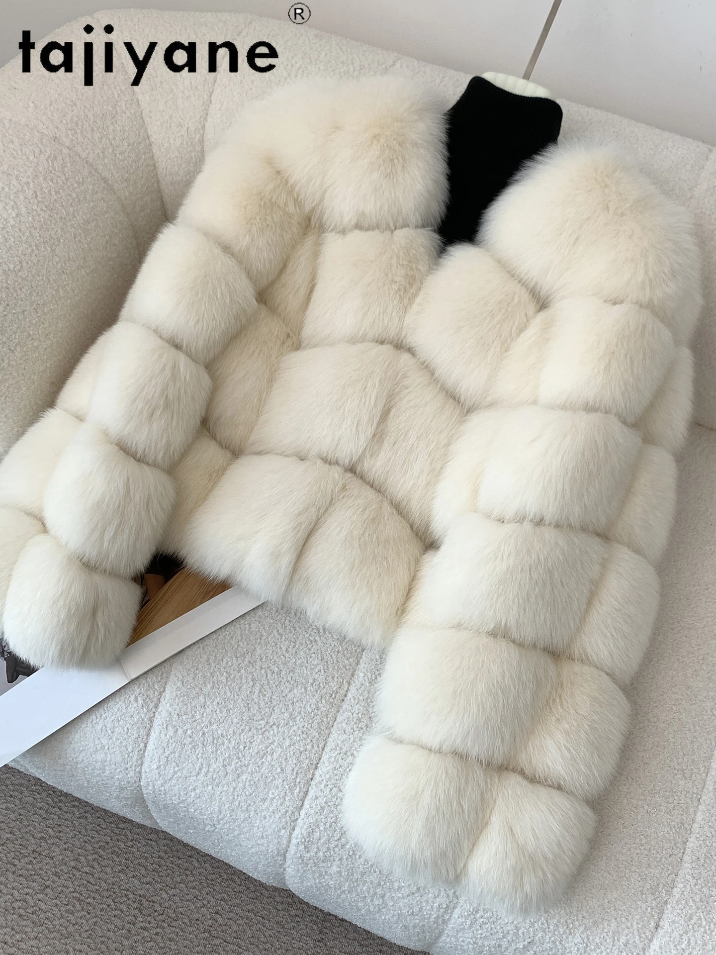 معطف فرو الثعلب الطبيعي من TAJIYANE سترات نسائية أنيقة برقبة على شكل حرف v باللون الأبيض من الفرو الحقيقي 2025 جديد في معاطف ملابس نسائية شتوية