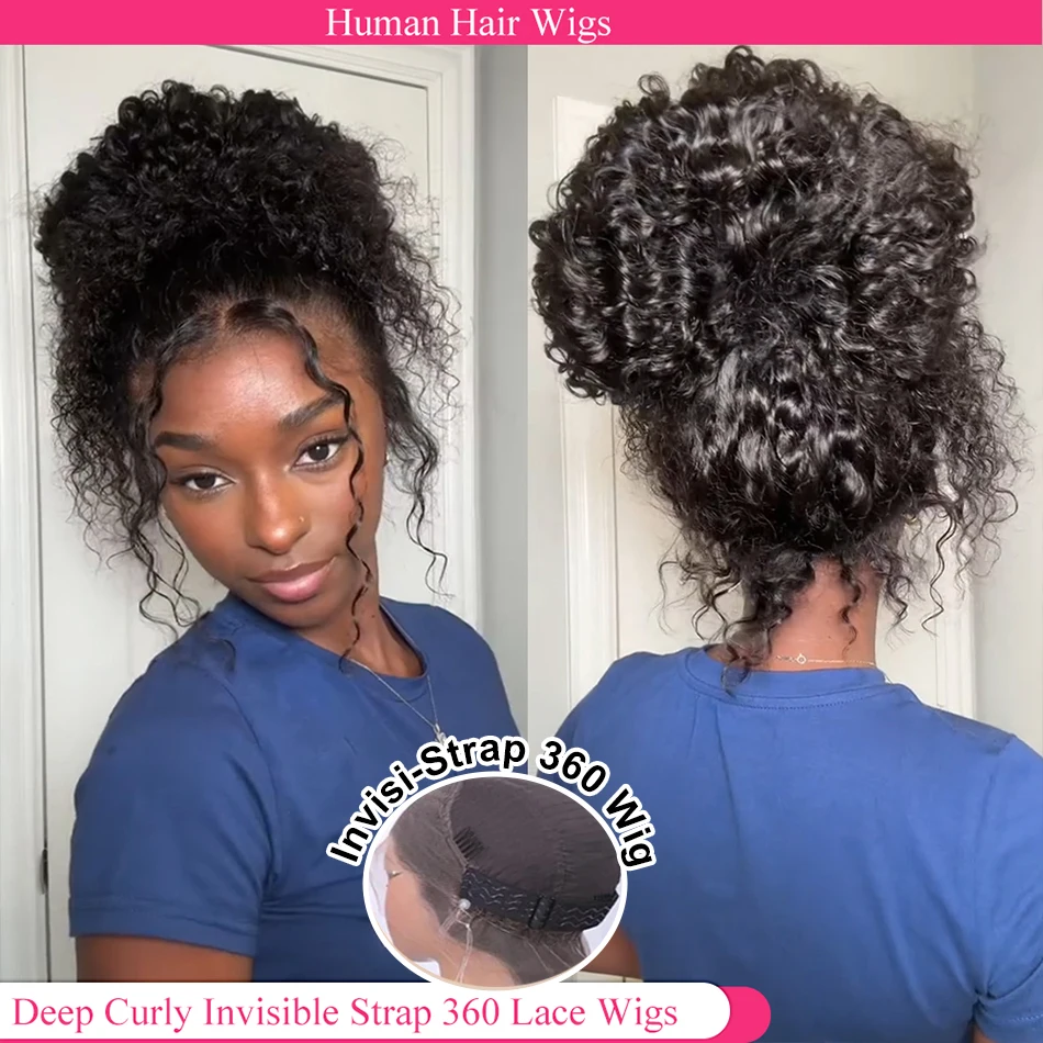 

Invisible Strap HD 360 Lace Front Wig Human Hair Deep Curly 250 Density Precut 360 Full Lace Wig With Drawstring Glueless Wig