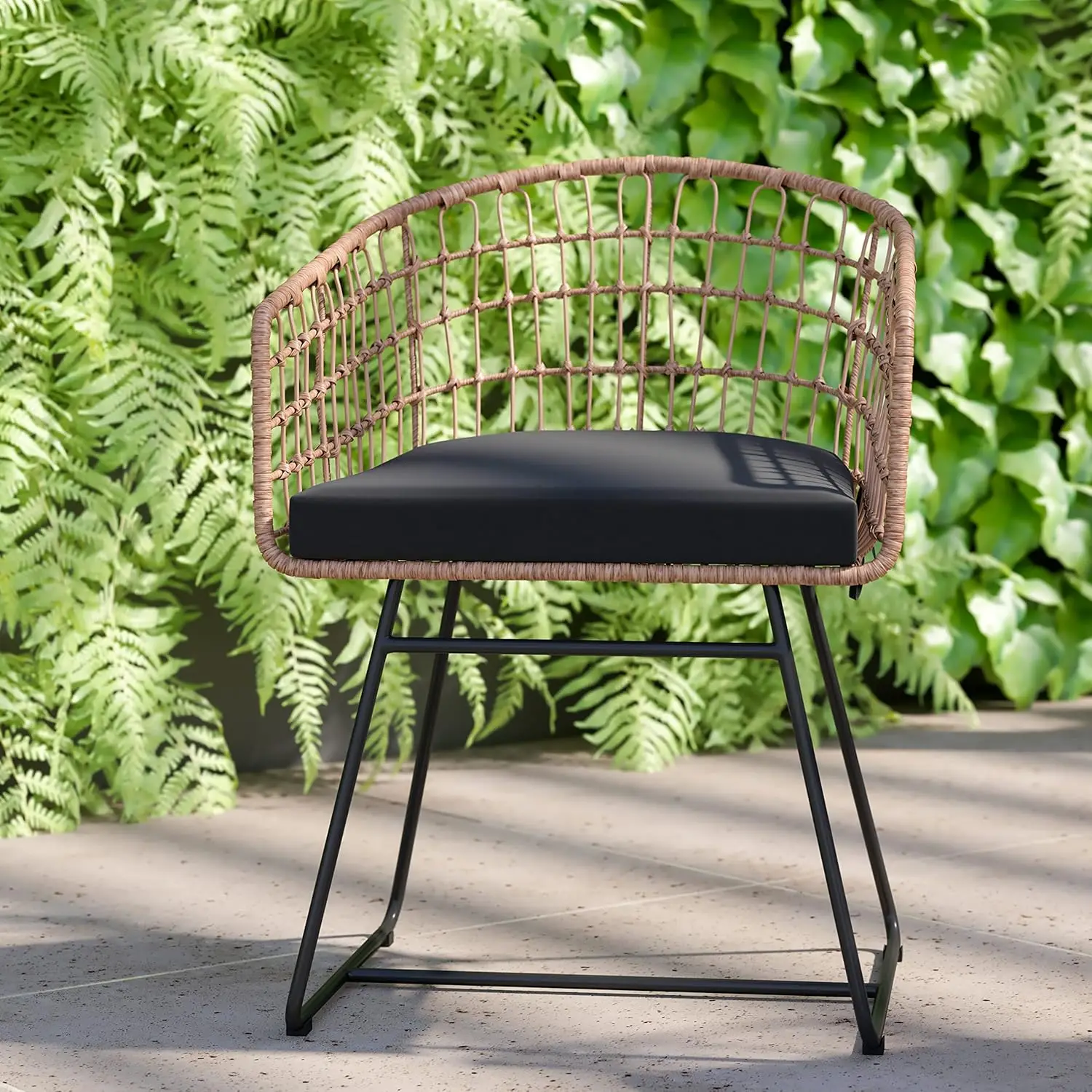 

Devon Set of 2 Patio Boho Club Chairs - Rope with Natural Finish PE Wicker Rattan - Black Seat Cushions and Sled Base