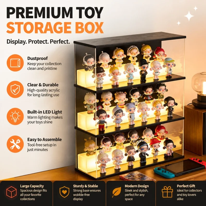 LED Acrylic Display Case for Blind Box Collection, Clear Dustproof Showcase Shelf for POP MART Figures Toys Models and Collectib