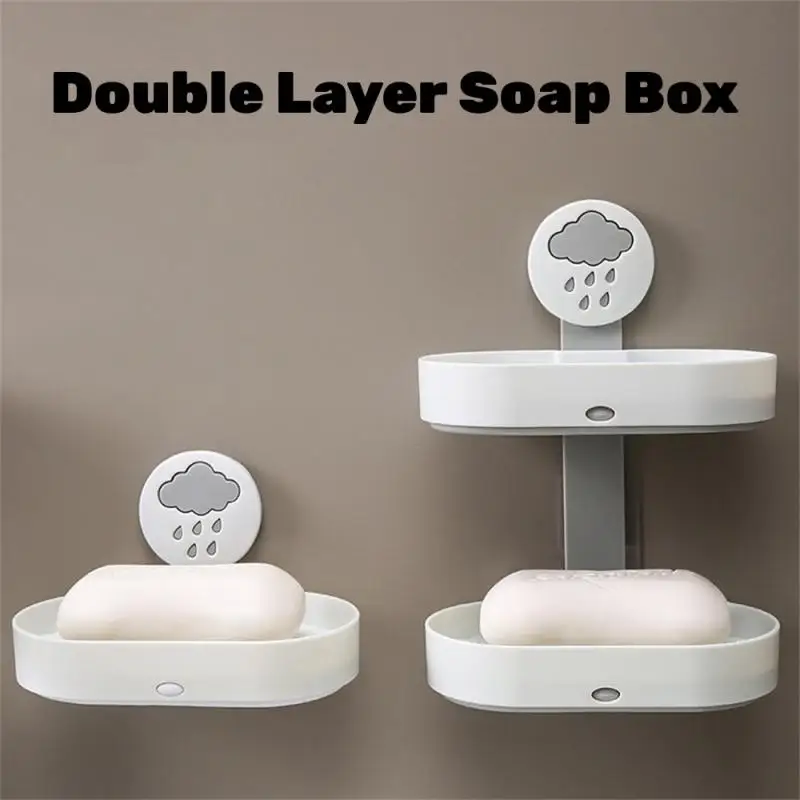 Double Layer Soap Box Double Drain Soap Rack Bathroom Soap Suction Cup Punch-Free Soap Rack Wall Hanging Rack Bathroom Accessor