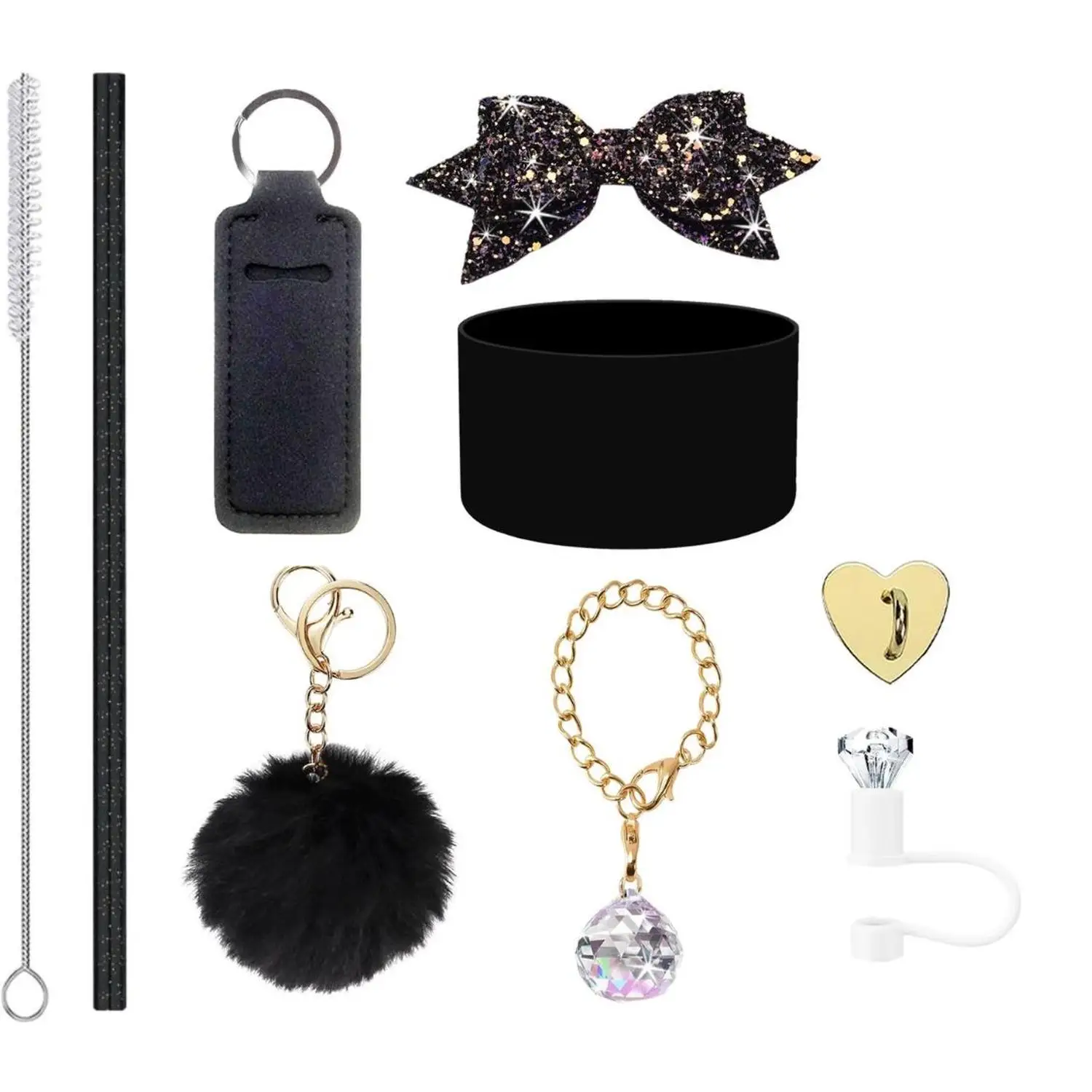 For Stanley Decorative Straws with Bow Toppers Cup Sleeves Crystal Ball Pendants Ins Pom-Pom Keychains