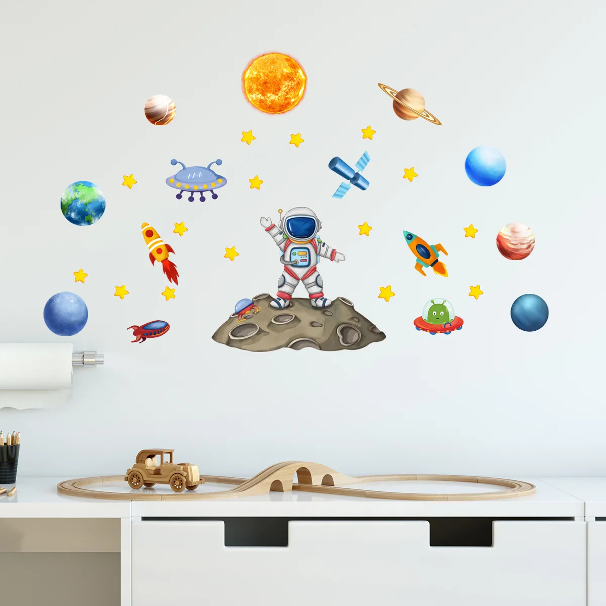 Autocollants muraux d\'astronome de l\'espace de dessin animé, décoration murale créative pour la maison, décoration auto-arina pour chambre d\'enfant,