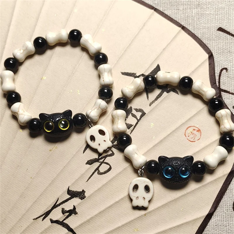 Black Big Eye Cat White Head Skull Bracelets for Women Men Cool Skeleton Ceramic Beaded Bracelet Halloween Aesthetic Jewelry