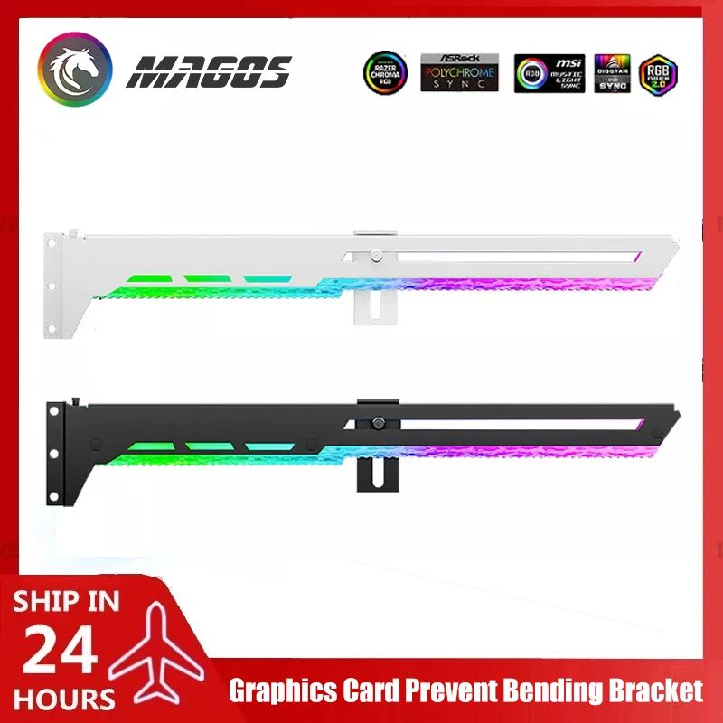 Graphics Card Prevent Bending Bracket ARGB 5V AURA, Diamond Patterned Luminescence Design Horizontal Holder, Black/White