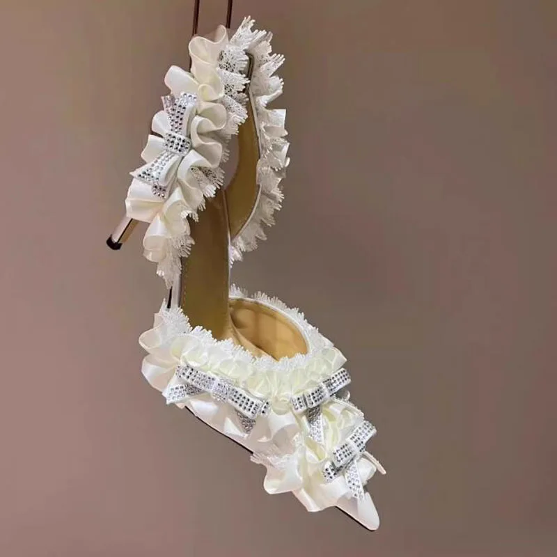 French Style Sweet Ruffles with Crystal Bowtie High Heels Lolita Pumps Pointed Toe Slingbacks Banquet Shoes Woman