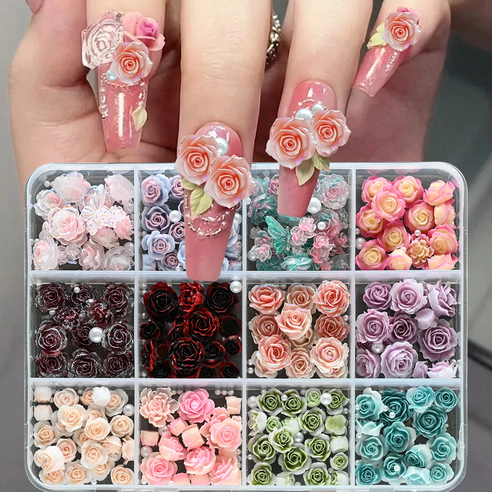 

12Grids Acrylic Rose Camellia Flower With Pearls Caviar Beads Nail Charms 3D Colorful Camellia Nail Art Decorations Y2K Girls