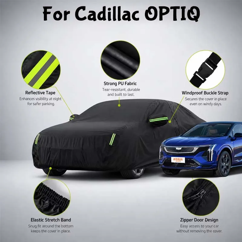 Waterproof Full Car Cover Side Door Zipper Reflective Strips Windproof Buckle All-Weather Protection For Cadillac OPTIQ