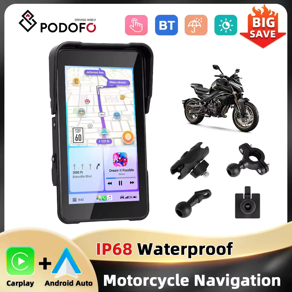 Podofo 5 ''écran Vertical moto moniteur Carplay Android Auto IP68 étanche réglage de la luminosité BT lecteur d'écran intelligent