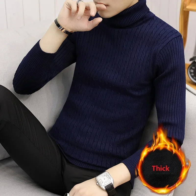 

Thick New Fashion Solid Men's Turtleneck Sweater Winter Men's Warm Knitted Sweater Keep Warm Men Pullovers