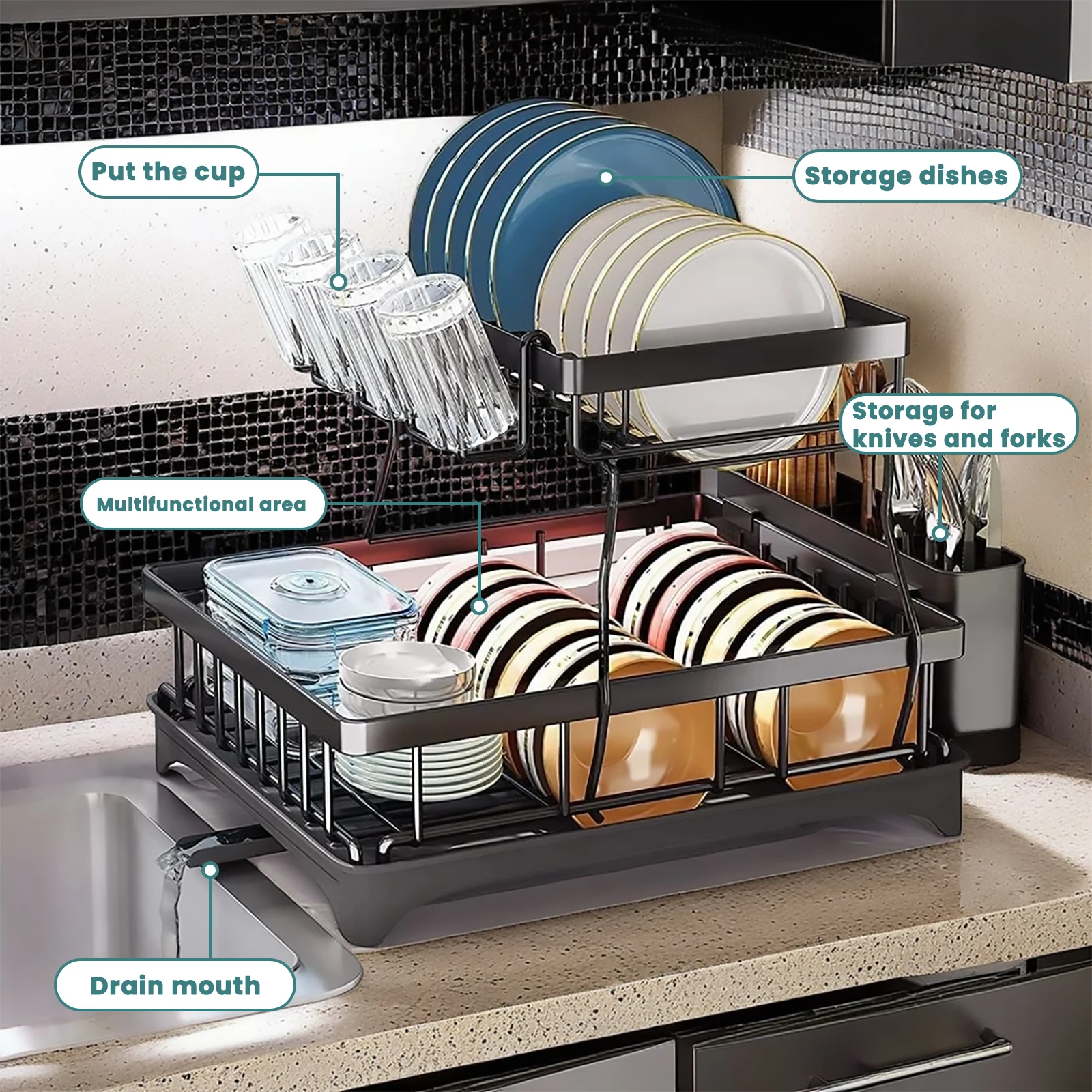 

Large 2-tier dish drying rack for kitchen countertops, removable large-capacity dish draining rack