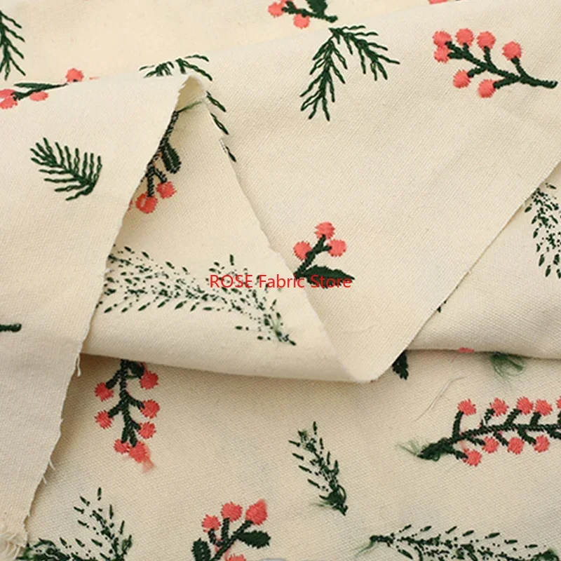 

Leaf and flower embroidery European Ins Style Cotton Linen Fabric for Pillow Sofa Cushion Waist Canvas Bag Fabric Diy Handmade