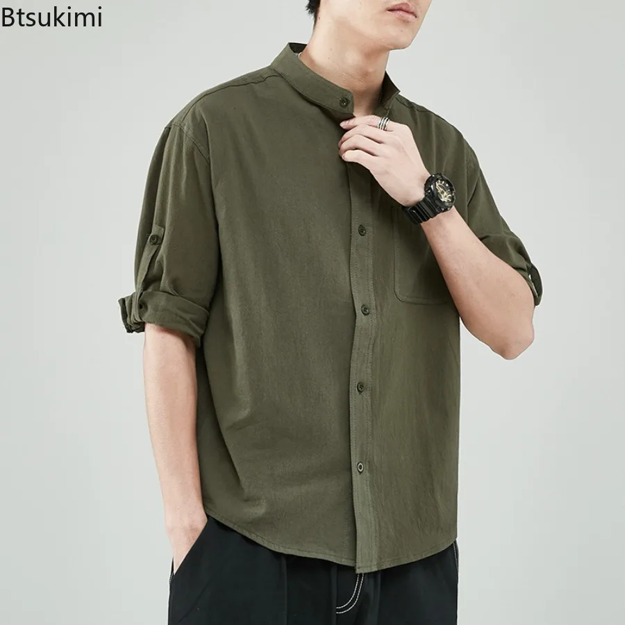 Spring Summer Stand Collar Casual Shirts for Men Solid Breathable Cotton Linen Shirt Coat Men's Vintage Loose Shirt Chinese Tops