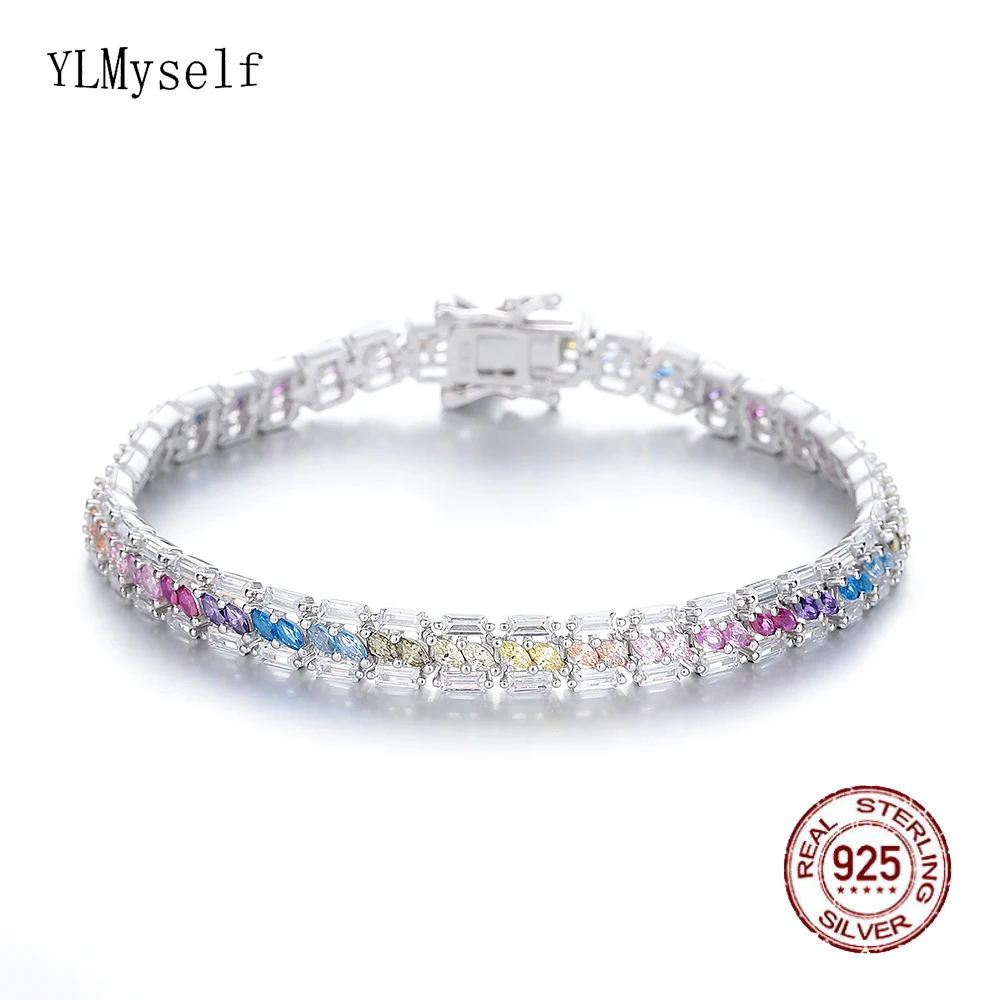 

Pure Silver 17.5 CM Tennis Jewelry 6mm Wide Chain Pave Full Bling Rainbow Cubic Zircon Real Tennis 925 Bracelet For Women