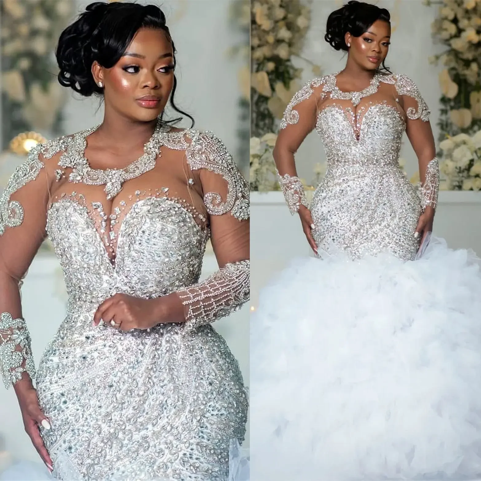Customized Arabic Mermaid Wedding Dresses Plus Size Ruffle Lace Tiers  Long Sleeves Vintage Bridal Gowns