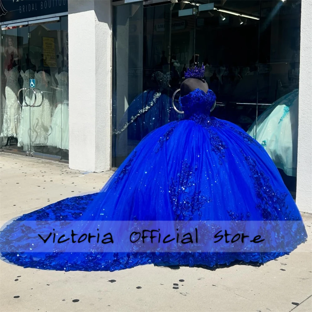 Luxious Royal Blue Beaded Lace Applique Off The Shoulder Quinceanera Dress Ball Gown Mexican Birthday Lace Up Sweet Customized