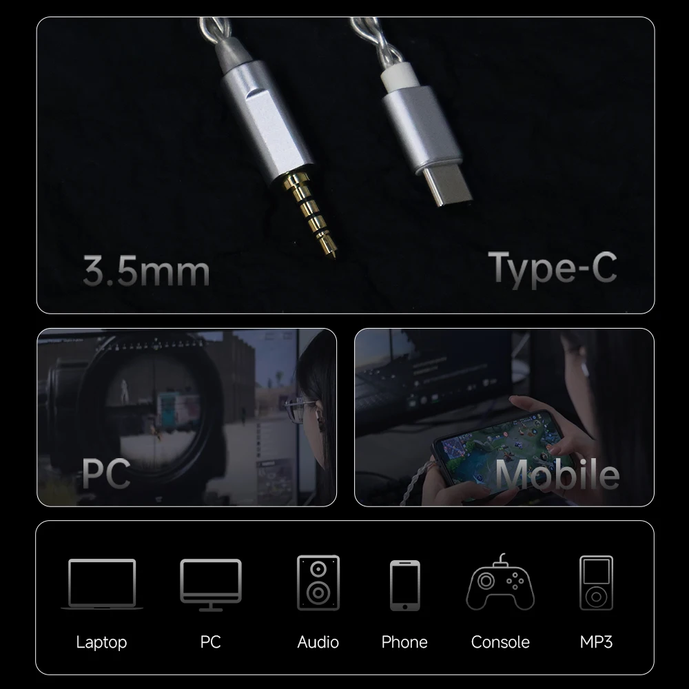 Kabel do słuchawek CCA, 4 żyły, 156 rdzeni, posrebrzana miedź, kable do słuchawek HIFI, wtyk pozłacany 3.5mm/Type-C — zdjęcie produktu 3