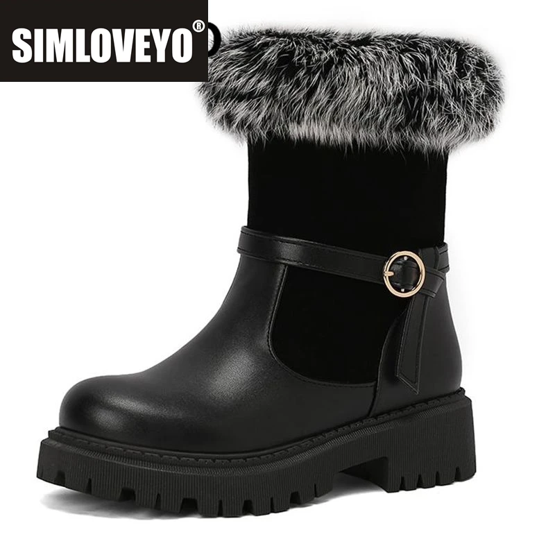

SIMLOVEYO Теплые зимние зимние ботинки из кроличьего меха с круглым носком на блочном каблуке 4 см без шнуровки с пряжкой на ремне 42 43 Женские ботильоны Bota