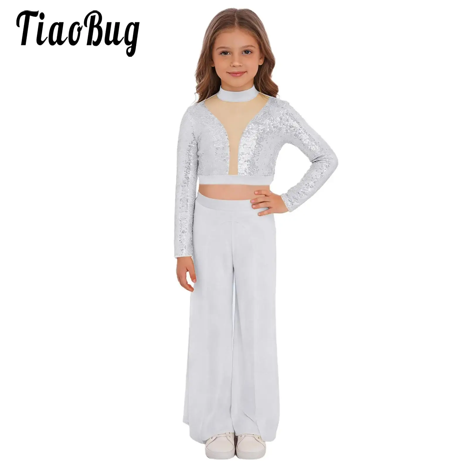 

Kids Girls Lyrical Modern Dance Costume Worship Outfit Long Sleeve Shiny Sequins Crop Top with Pants for Performance Competition