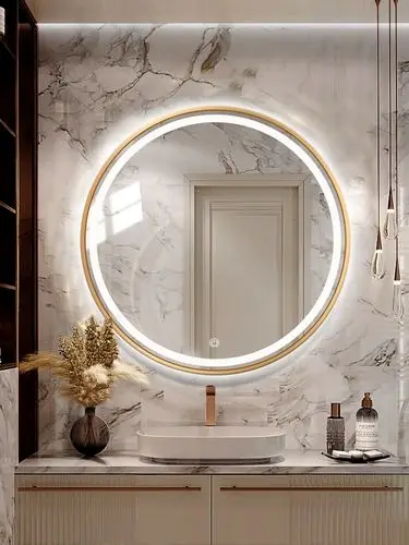 Modern Half Moon Smart Bathroom Mirror Wall Mounted LED Backlit Touch Screen Bath Decorative Wall Cabinet For Hospitals