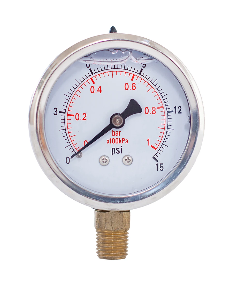 

Glycerine Filled Compound Pressure Gauge 2 Inch Dia 1/4 NPT Lower Mount -30 InHg-30,15,30, 60,100,160, 200,300,600 Psi & Bar