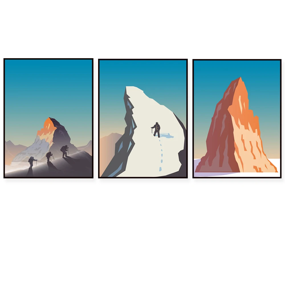 Winter mountain hiking art poster, Scandinavian hiking landscape, colorful snowy Nordic mountains, minimalist sunrise scenery