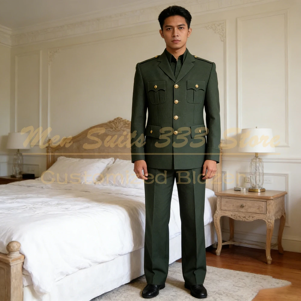 

Men's Military Suit Single Breasted Gold Button Blazer & Pants Set for Business Wedding Party Vintage Green 2 Piece Jacket Pants