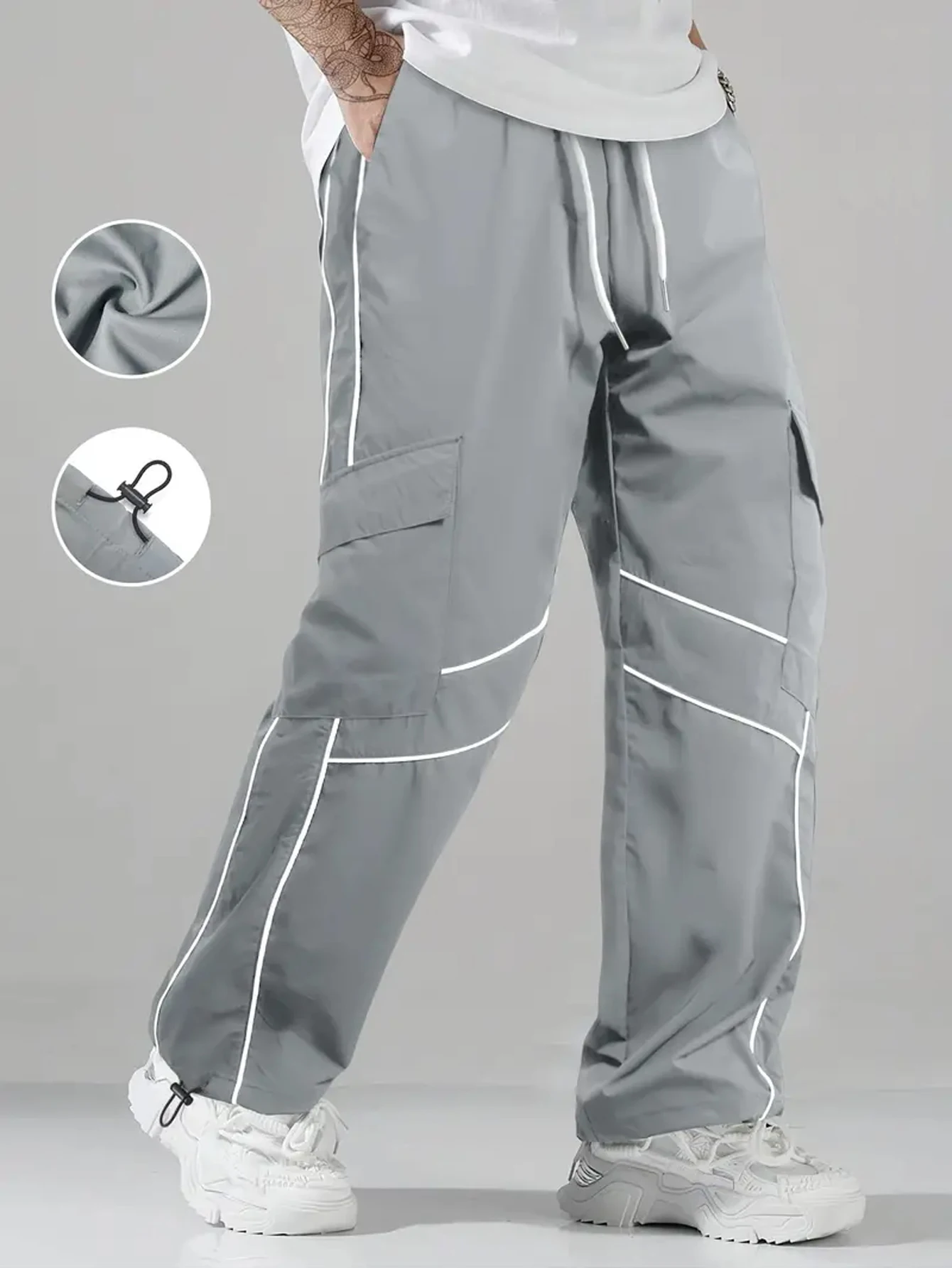 

Men’s Cargo Pants with Side Stripes, Multiple Utility Pockets, Drawstring Waist, Loose Fit, Street Style for Daily Wear