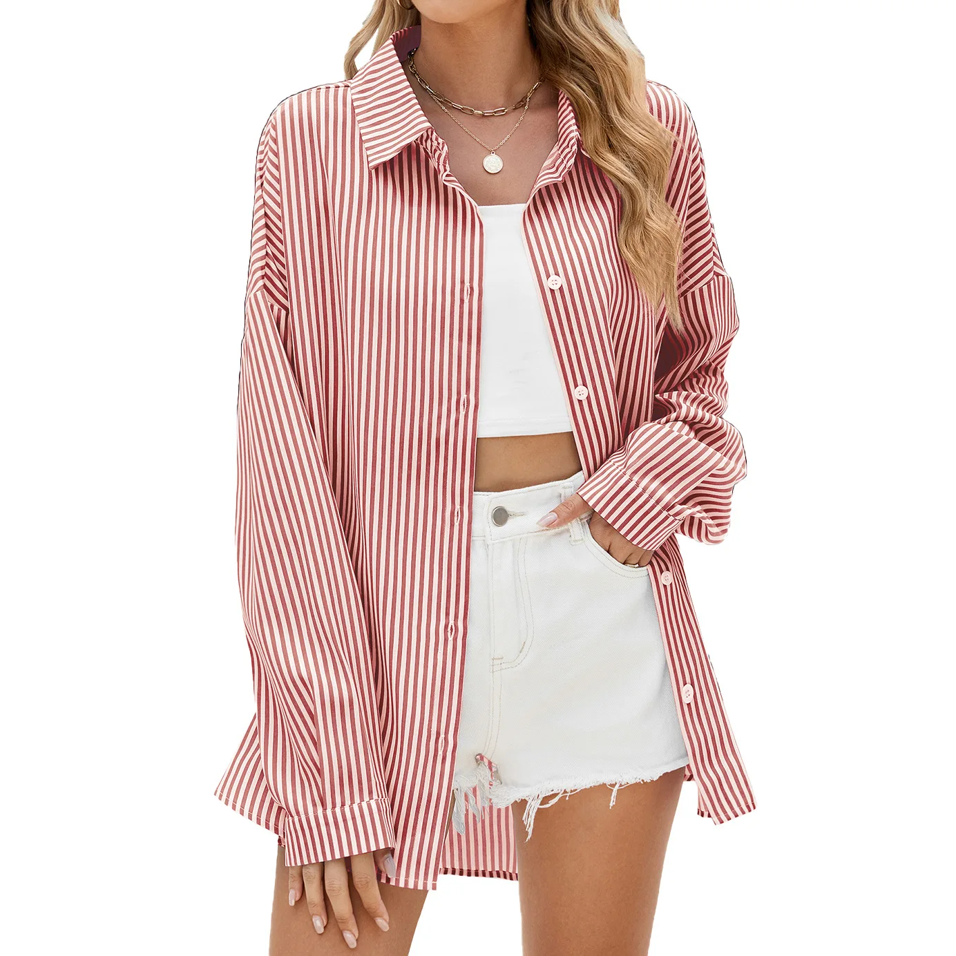 Autumn and Winter Casual Fashion Style Long-sleeved Loose Women's Striped Shirt