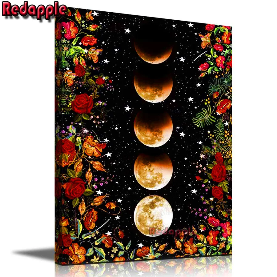 Full Drill Moon with Stars and Rose Flowers, Diamond Painting, Picture of Rhinestone, Embroidery Mosaic, Cross Stitch Kits, Deco