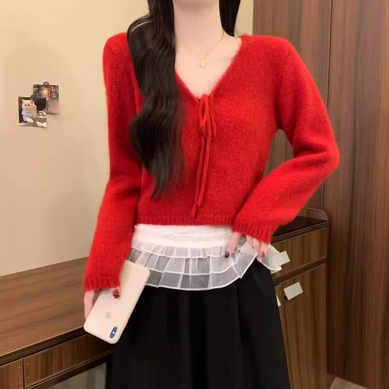 

Cisas, новогодний корейский вязаный кардиган с V-образным вырезом, женский осенне-зимний топ с ремешками, мягкий шерстяной длинный све