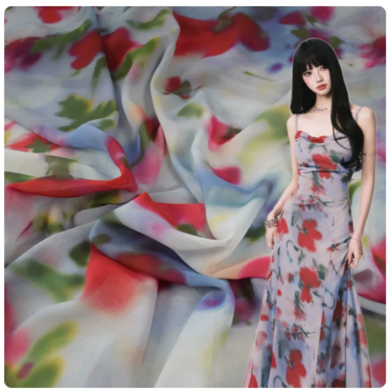 Fashion Grey Bottom Red Watercolor Smudge Flower Print Chiffon Fabric For Thin Transparent Upper Clothes Dress Cloth, T2464