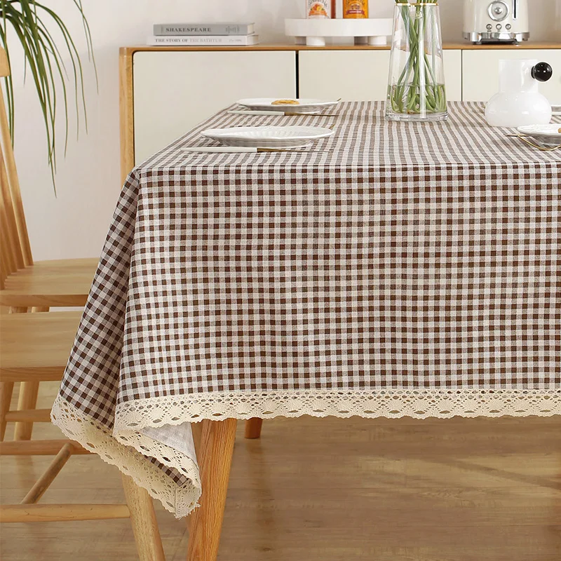Nordic Minimalist Style Coffee Grid Tablecloth with Off-White Trim Rectangular Dining Table Cover