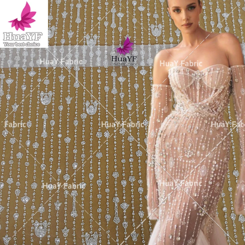 

Luxury Dubai Beaded Evening Dress Lace Fabric Elegant 3d Bridal White Lace Dress 5 Yards HY2652