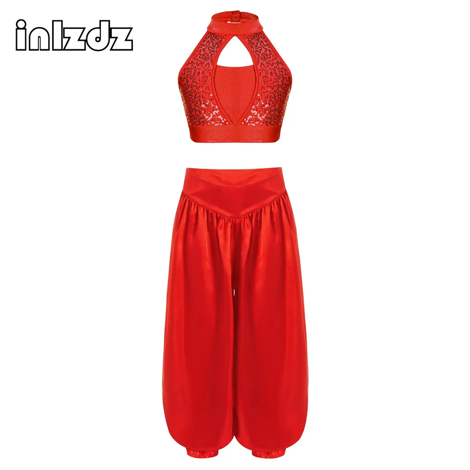

Kids Girls Belly Dance Outfit Sleeveless Mock Neck Hollow Front Keyhole Back Sequin Crop Top with Wide-Leg Satin Bloomers Pants
