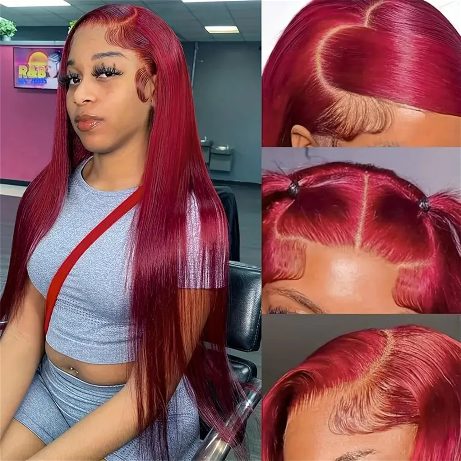 Perucas de cabelo liso para mulheres, peruca brasileira, frente de renda transparente, 100% cabelo humano, vermelho Borgonha, 99J, densidade de 220%, 13x6