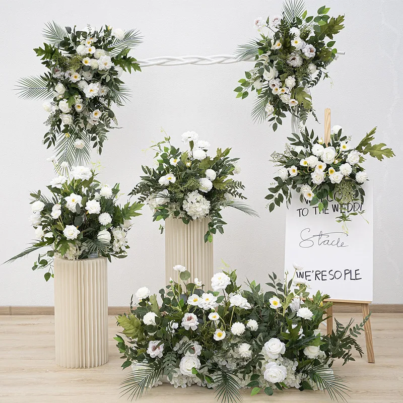 

White Rose Palm Leaf Artificial Flower Row Wedding Backdrop Arch Hang Flower Road Lead Floor Flower Ball Party Welcome Sign Deco