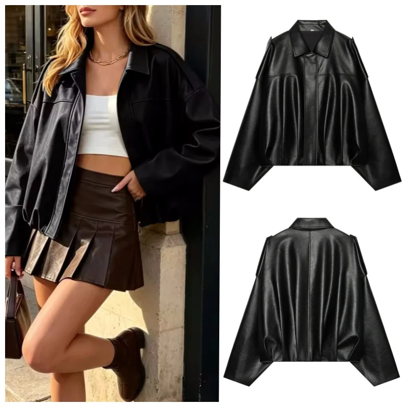 Guobioziy 2026 Women's New Batwing Sleeve Pilot Jacket Leather Coat Fashionable and Simple Casual and Versatile Elegant