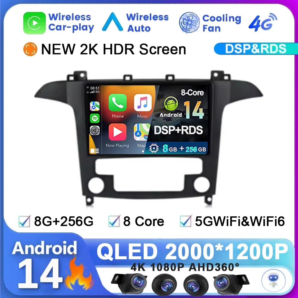 Android 14 For Ford S Max S-MAX 2007 - 2015 Car Radio Carplay Multimedia Video Player Navigation GPS Stereo Auto HU No 2 Din DVD