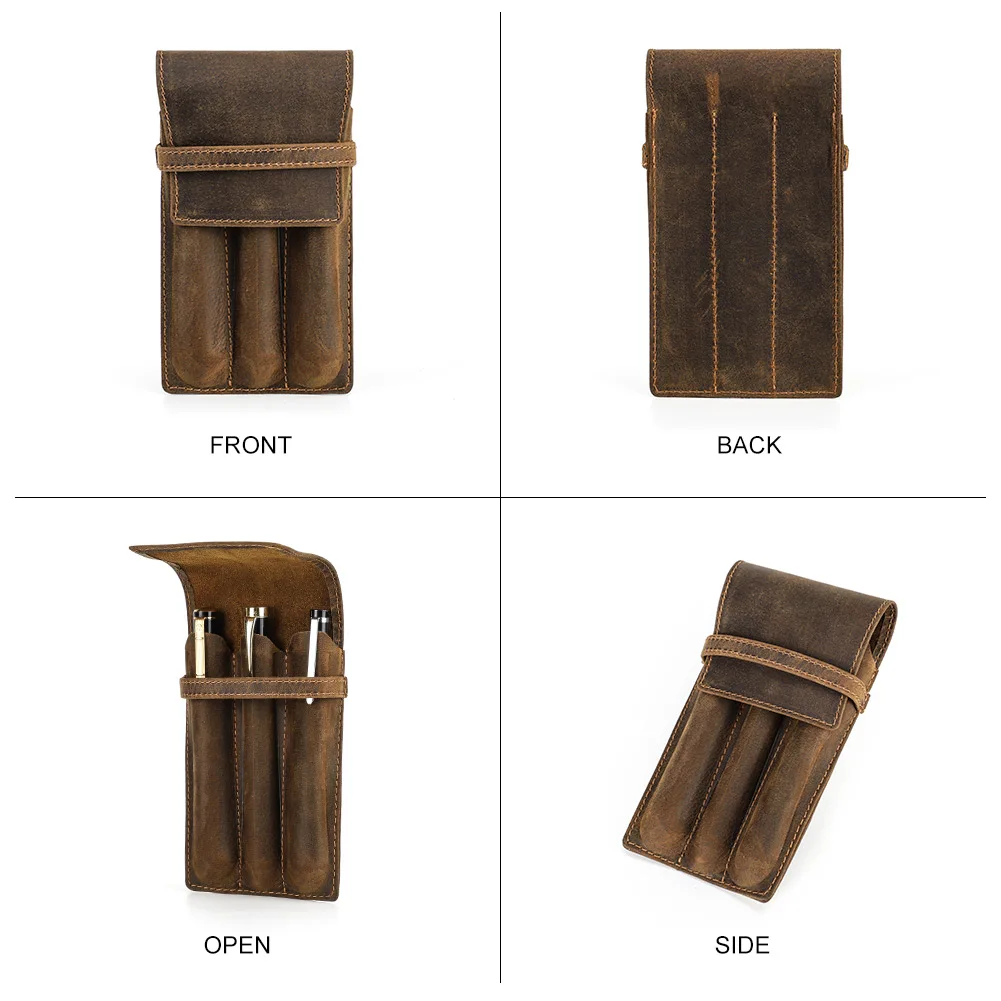 Handmade Crazy Horse Leather 1/2/3 Slots Pen Case Organizer Pocket Pen Holder Case for Adult Office School Vintage Retro Style - Image 5