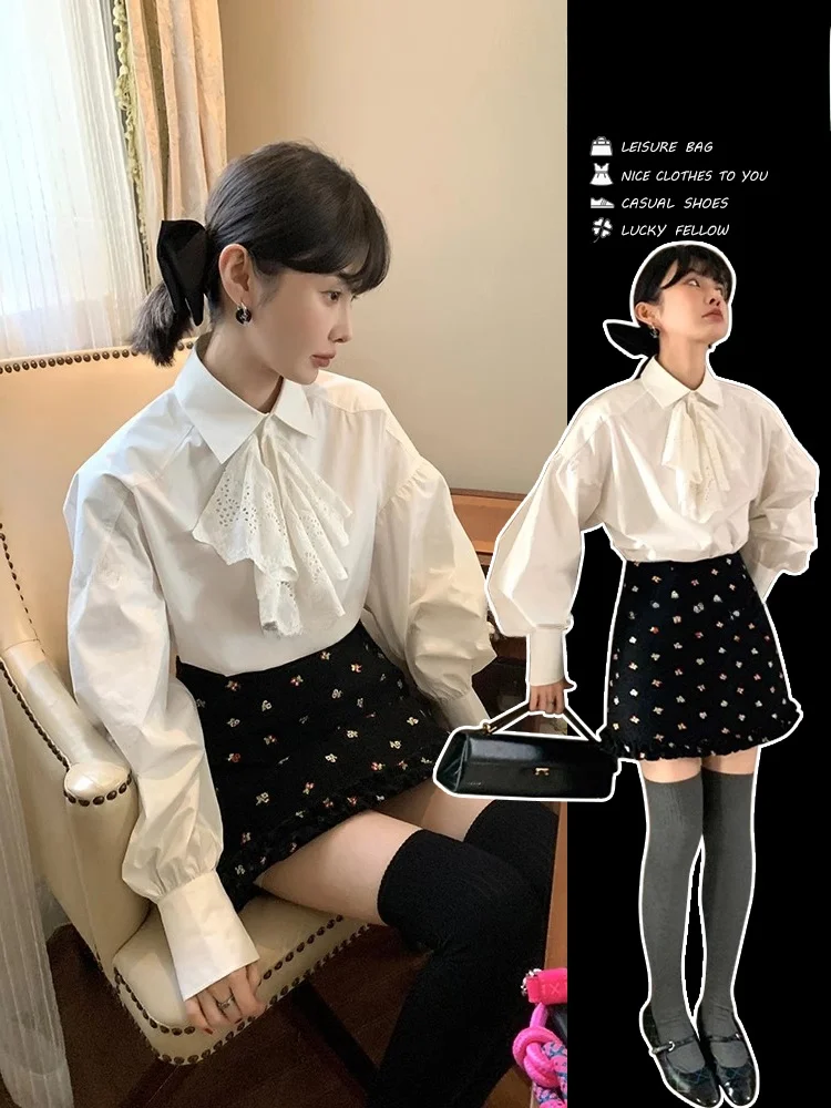 

Белая женская рубашка с кружевной отделкой, с длинным рукавом, на пуговицах, для ранней весны, осени и зимы, в деловом стиле