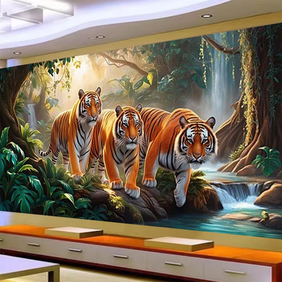 

5D Large Size Diamond Painting Jungle Forest Tigers family Landsacpe Full Square Round Mosaic Diamond Embroidery Cross Stitch