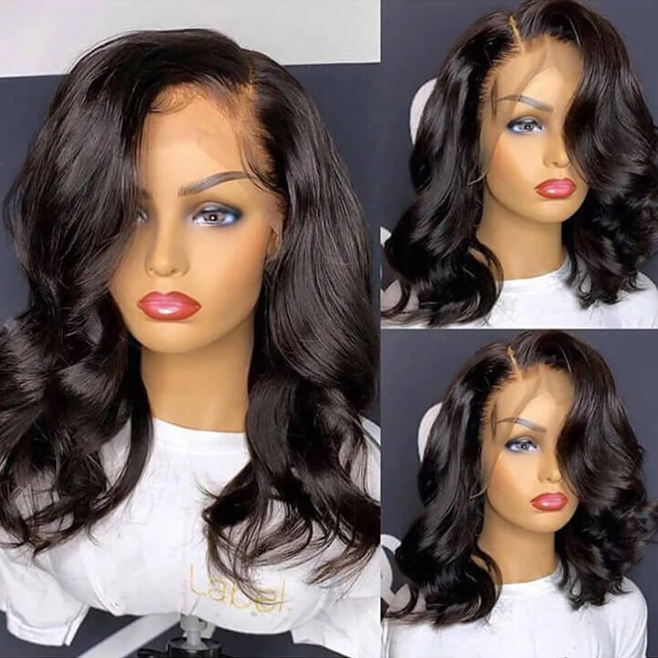 Body Wave Short Bob Lace Wig 13X4 Transparent Lace Front Wig 100% Human Hair Lace Frontal Human Hair Water Wave 200% dla kobiet