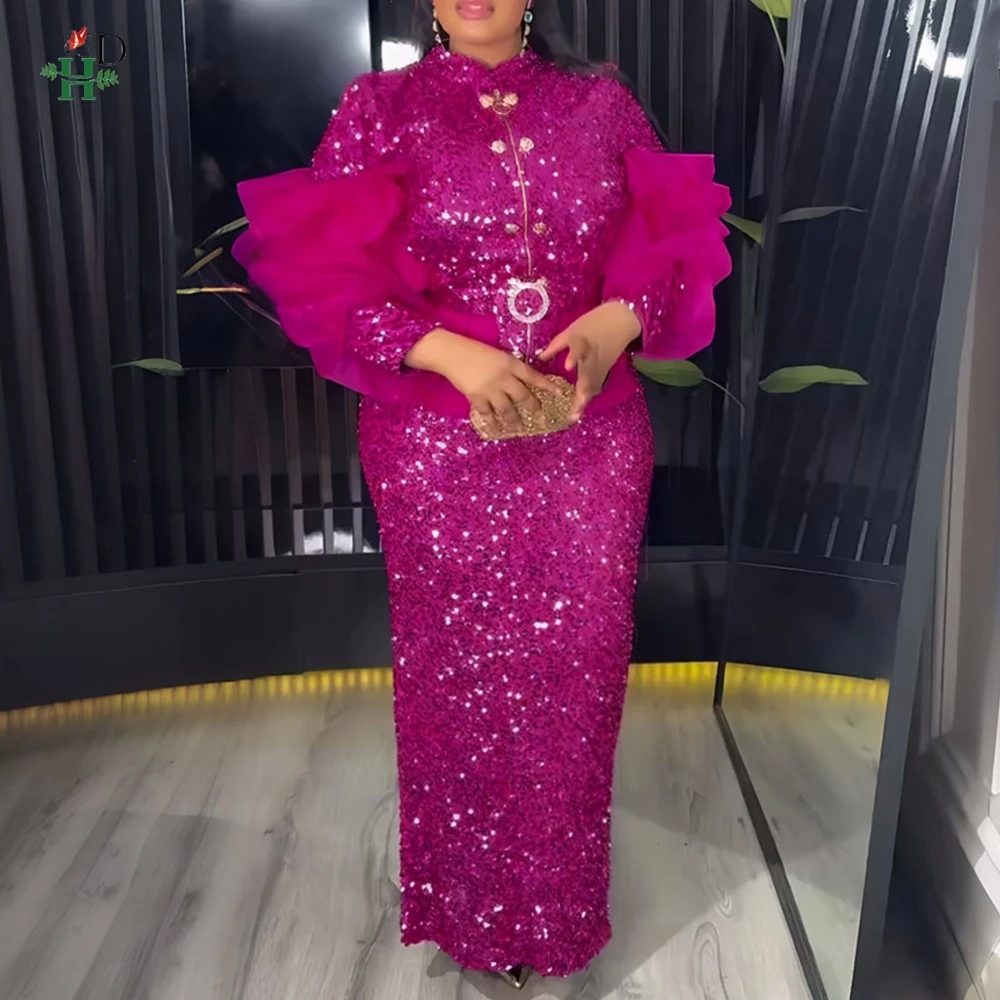 

African Sequin 2PCS Dress Set Stand Collar Top with Puffy Mesh Sleeves Matching Maxi Skirt For Weddings Galas and Formal Parties